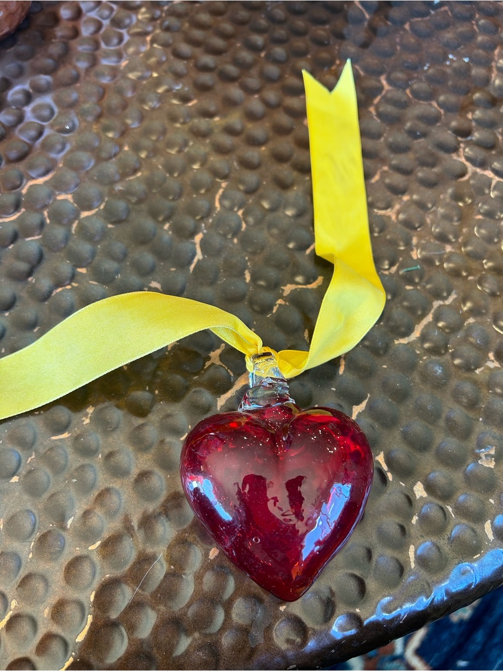 Red Heart Glass Ornament with Yellow Ribbon